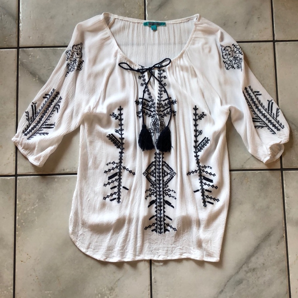 White and Navy Embroidered Top
